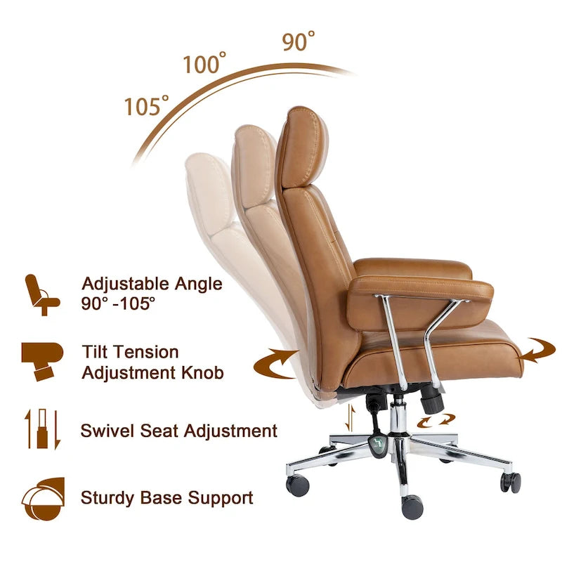 Fauteuil de bureau pivotant à dossier haut réglable en similicuir marron Glitzhome, style moderne du milieu du siècle, avec accoudoirs et vérin à gaz