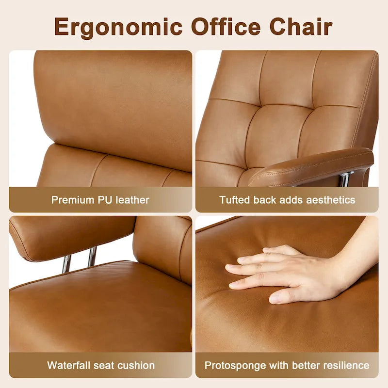 Fauteuil de bureau pivotant à dossier haut réglable en similicuir marron Glitzhome, style moderne du milieu du siècle, avec accoudoirs et vérin à gaz