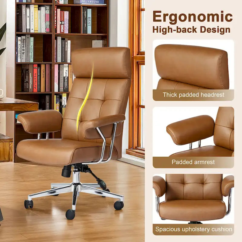 Fauteuil de bureau pivotant à dossier haut réglable en similicuir marron Glitzhome, style moderne du milieu du siècle, avec accoudoirs et vérin à gaz