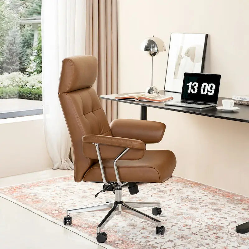 Fauteuil de bureau pivotant à dossier haut réglable en similicuir marron Glitzhome, style moderne du milieu du siècle, avec accoudoirs et vérin à gaz
