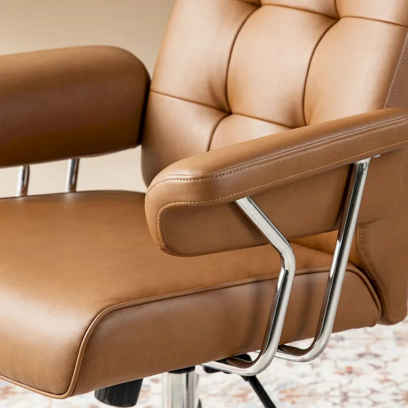 Fauteuil de bureau pivotant à dossier haut réglable en similicuir marron Glitzhome, style moderne du milieu du siècle, avec accoudoirs et vérin à gaz