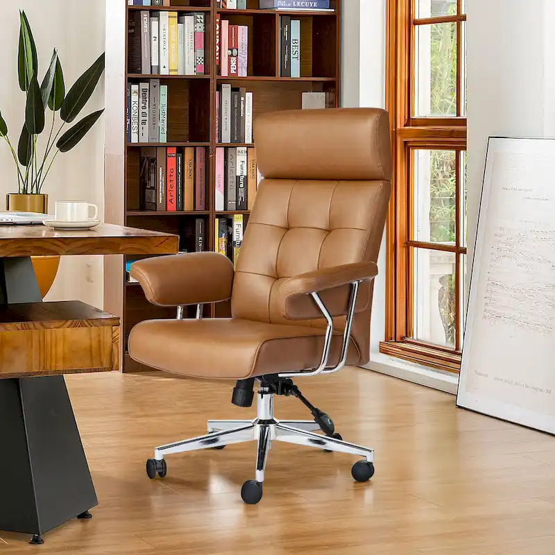Fauteuil de bureau pivotant à dossier haut réglable en similicuir marron Glitzhome, style moderne du milieu du siècle, avec accoudoirs et vérin à gaz