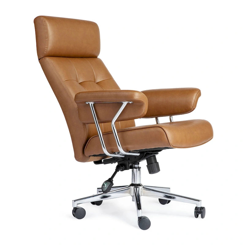 Fauteuil de bureau pivotant à dossier haut réglable en similicuir marron Glitzhome, style moderne du milieu du siècle, avec accoudoirs et vérin à gaz