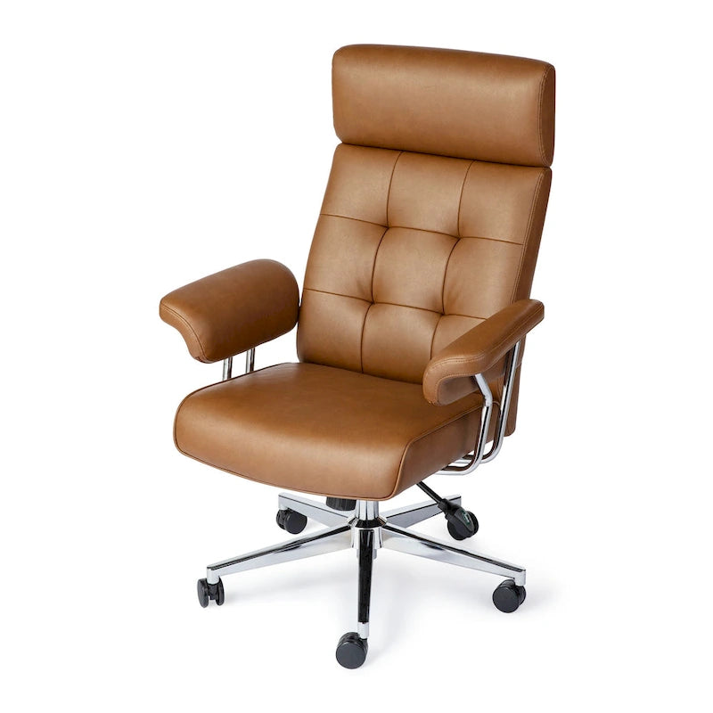 Fauteuil de bureau pivotant à dossier haut réglable en similicuir marron Glitzhome, style moderne du milieu du siècle, avec accoudoirs et vérin à gaz