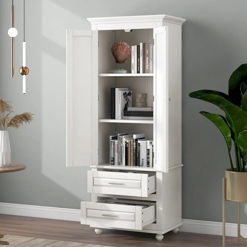 Armoire de rangement haute blanche à deux tiroirs pour cuisine, salle de bain ou bureau