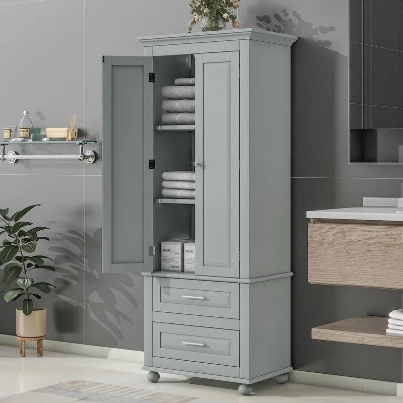 Armoire de rangement haute blanche à deux tiroirs pour cuisine, salle de bain ou bureau