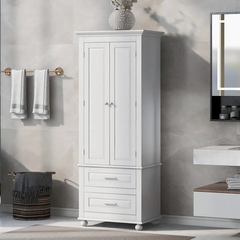 Armoire de rangement haute blanche à deux tiroirs pour cuisine, salle de bain ou bureau