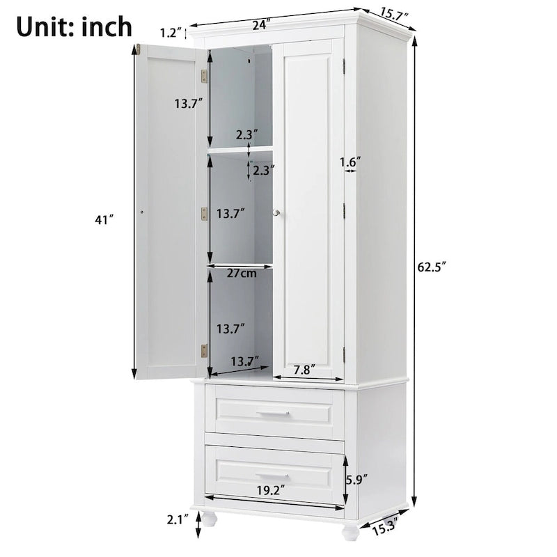Armoire de rangement haute blanche à deux tiroirs pour cuisine, salle de bain ou bureau