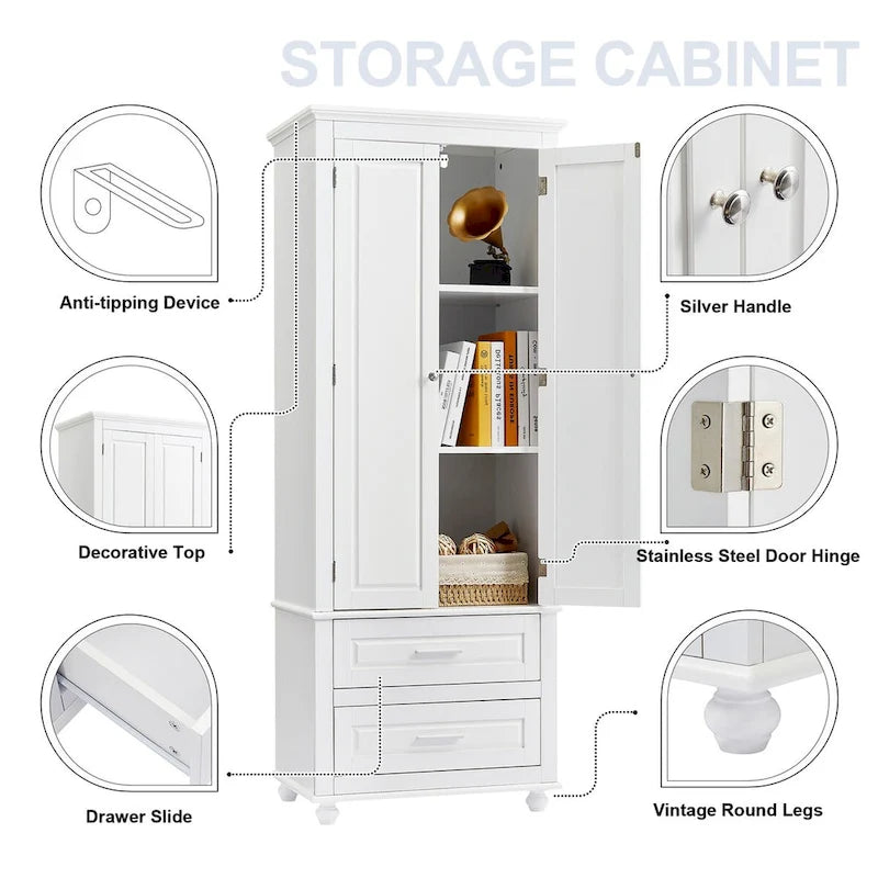 Armoire de rangement haute blanche à deux tiroirs pour cuisine, salle de bain ou bureau