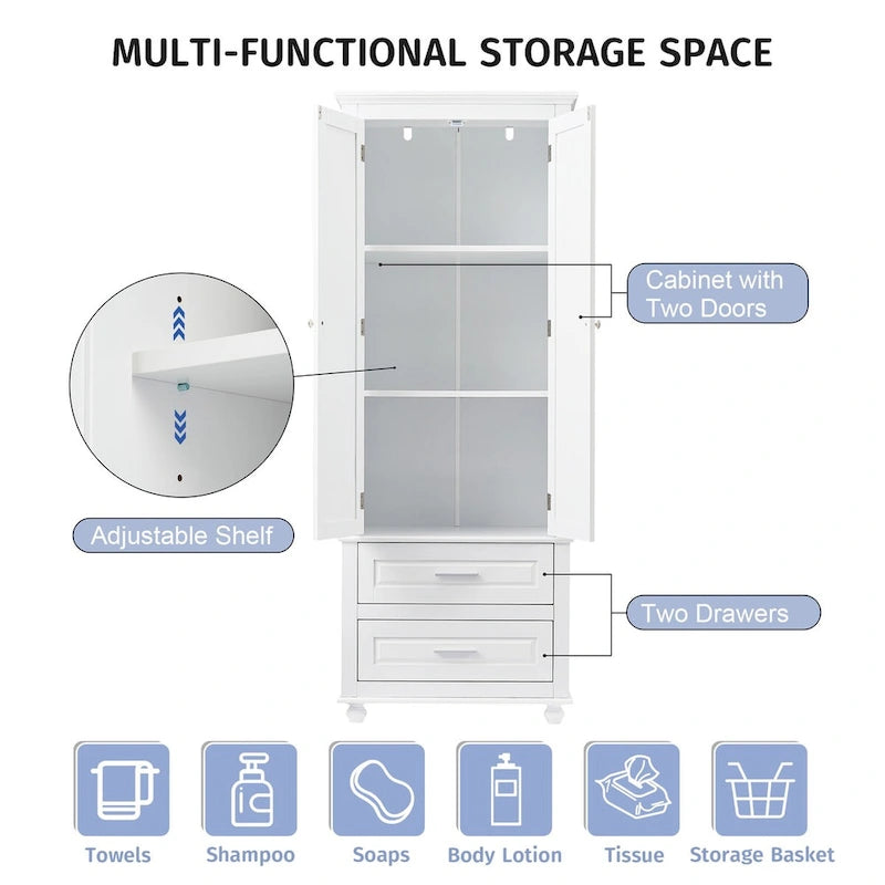 Armoire de rangement haute blanche à deux tiroirs pour cuisine, salle de bain ou bureau