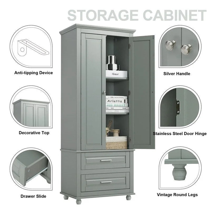 Armoire de rangement haute blanche à deux tiroirs pour cuisine, salle de bain ou bureau
