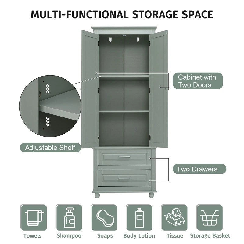 Armoire de rangement haute blanche à deux tiroirs pour cuisine, salle de bain ou bureau