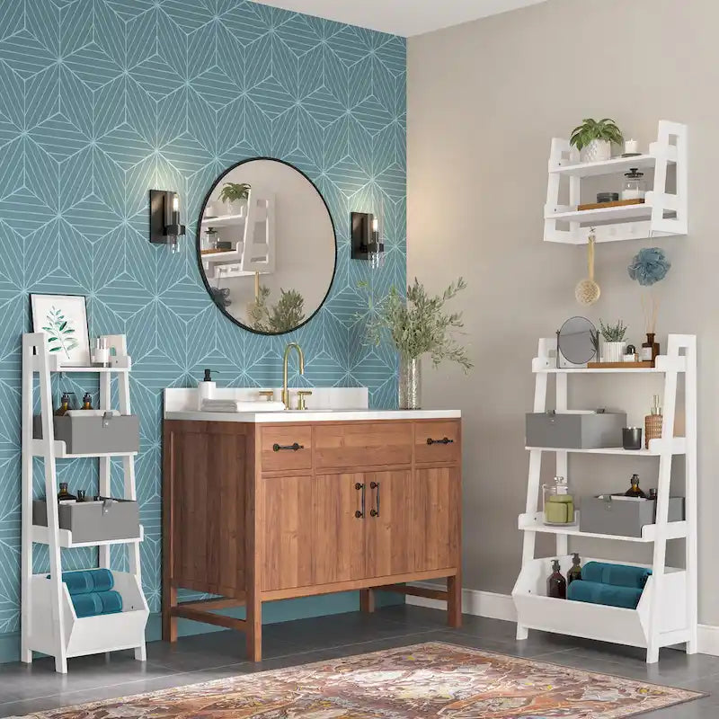 Étagère échelle RiverRidge Amery à 4 niveaux (33 cm) avec étagère d'exposition et bac de rangement - Blanche