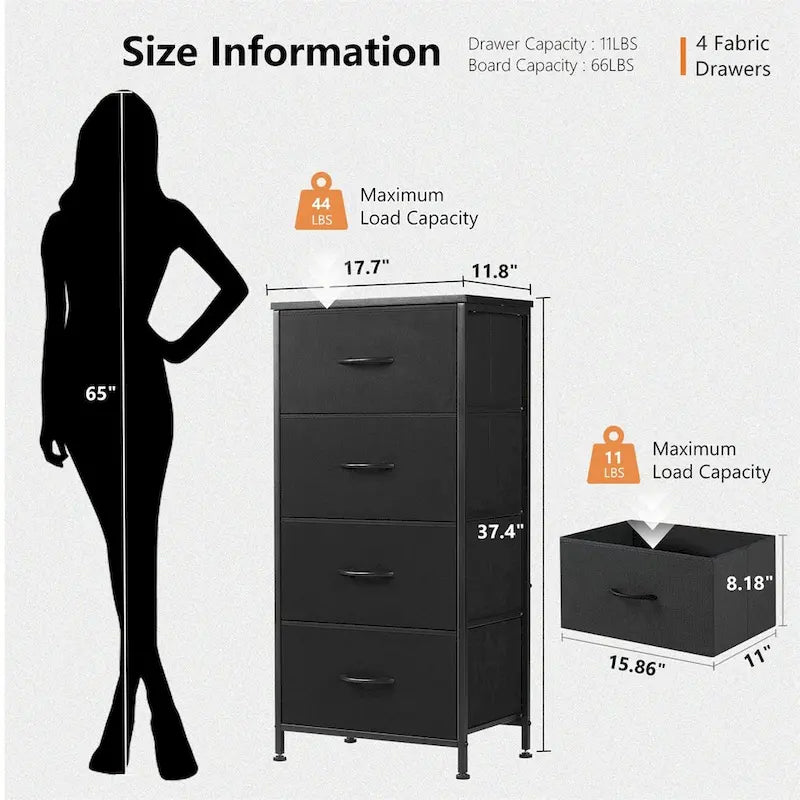 Commode pour chambre à coucher avec 4 tiroirs en tissu, commode haute de rangement pour vêtements, dressing, chambre d'enfant, tour de rangement avec armoire