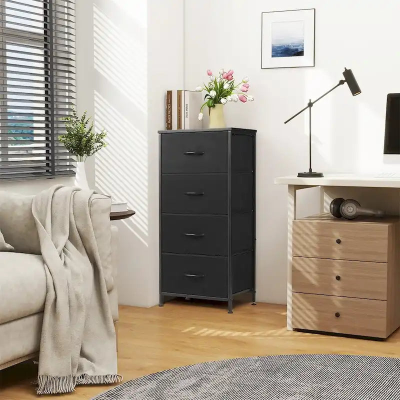 Commode pour chambre à coucher avec 4 tiroirs en tissu, commode haute de rangement pour vêtements, dressing, chambre d'enfant, tour de rangement avec armoire