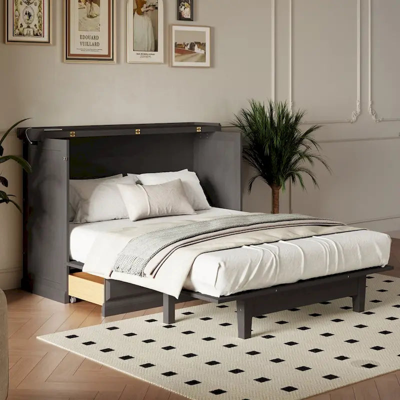 Lit escamotable en pin massif avec commode, station de recharge et grand tiroir de rangement pour petite chambre, format standard.