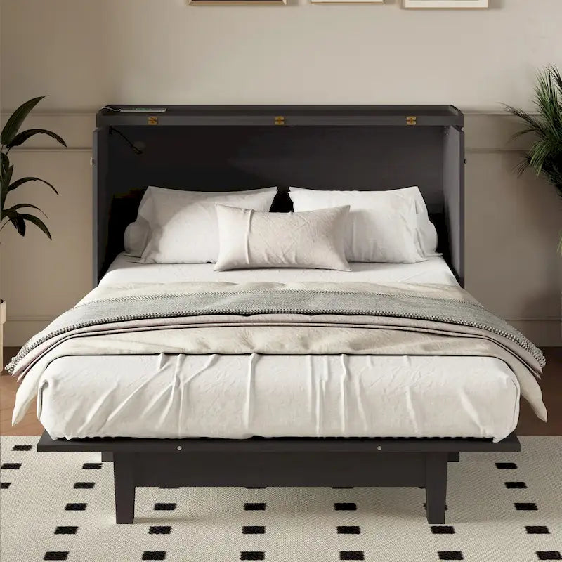 Lit escamotable en pin massif avec commode, station de recharge et grand tiroir de rangement pour petite chambre, format standard.