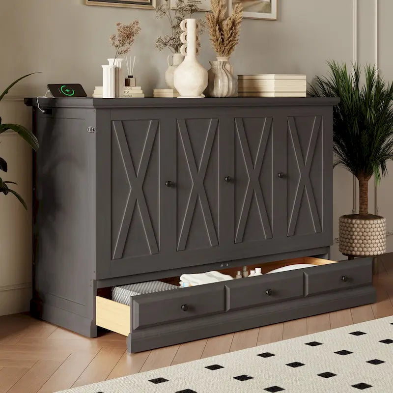 Lit escamotable en pin massif avec commode, station de recharge et grand tiroir de rangement pour petite chambre, format standard.