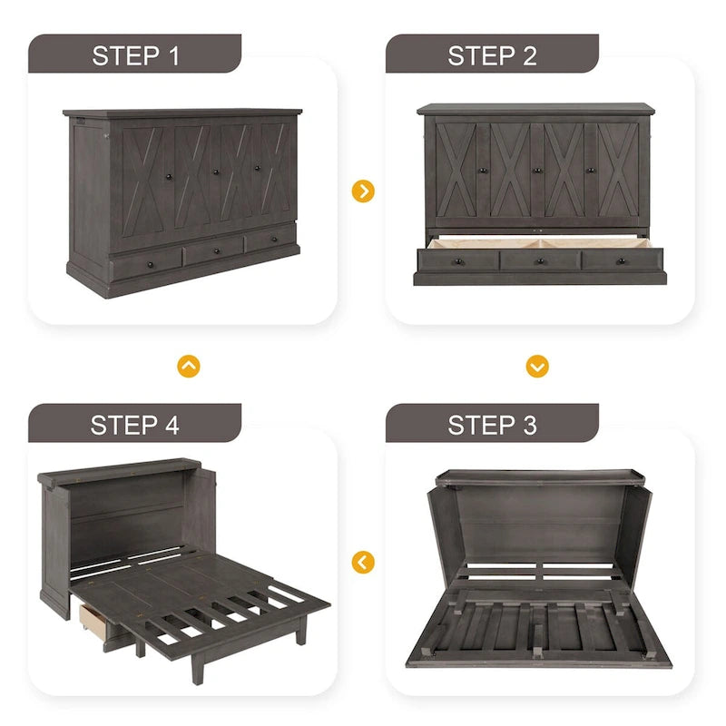 Lit escamotable en pin massif avec commode, station de recharge et grand tiroir de rangement pour petite chambre, format standard.