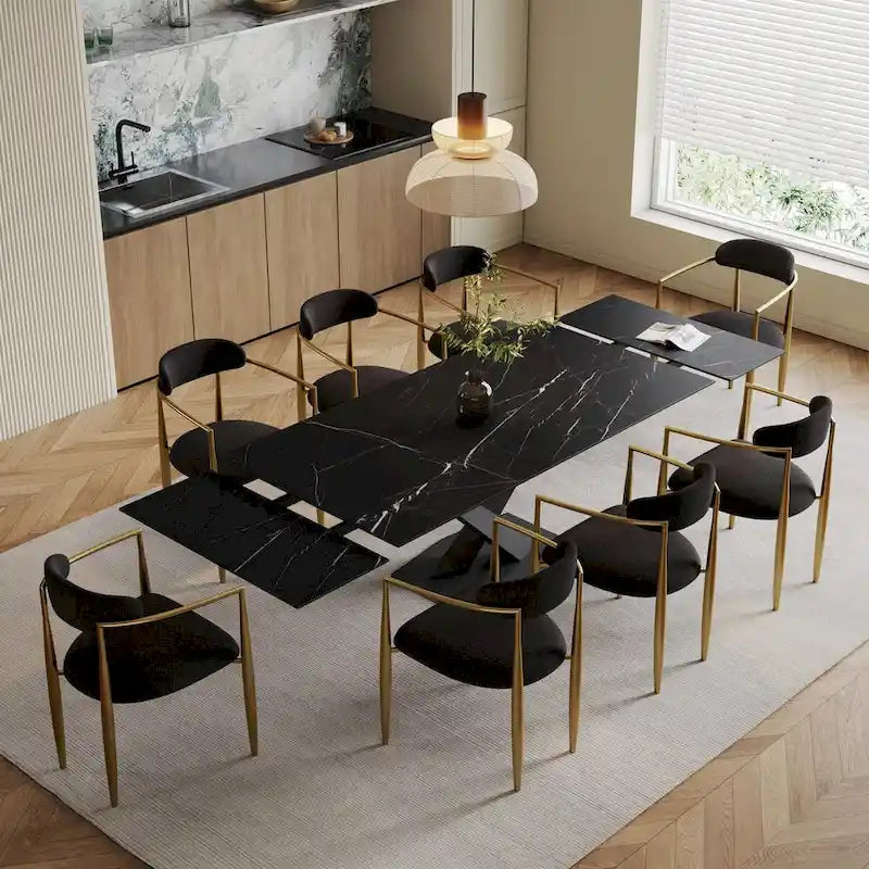 Ensemble de salle à manger 9 pièces, moderne et minimaliste, extensible, avec plateau en pierre frittée et 8 chaises en tissu (94,48 €).