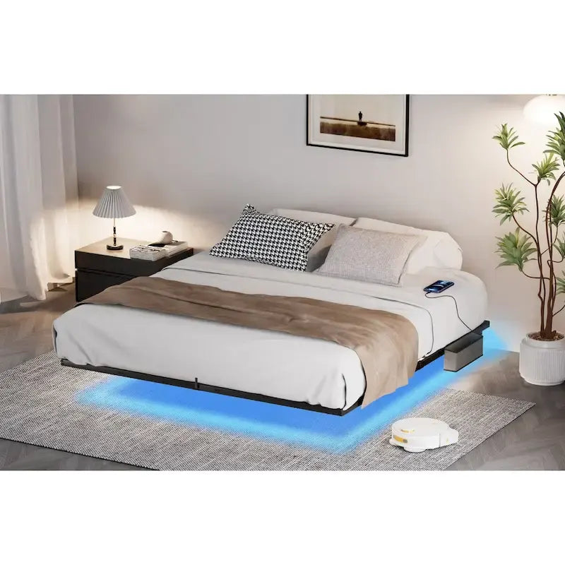 Lit flottant moderne avec éclairage LED, station de recharge et cadre en métal