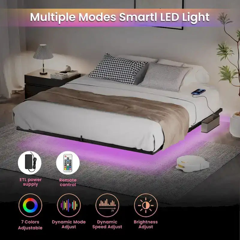 Lit flottant moderne avec éclairage LED, station de recharge et cadre en métal