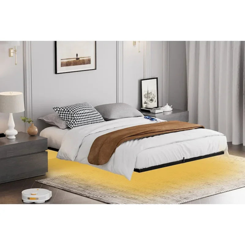 Lit flottant moderne avec éclairage LED, station de recharge et cadre en métal