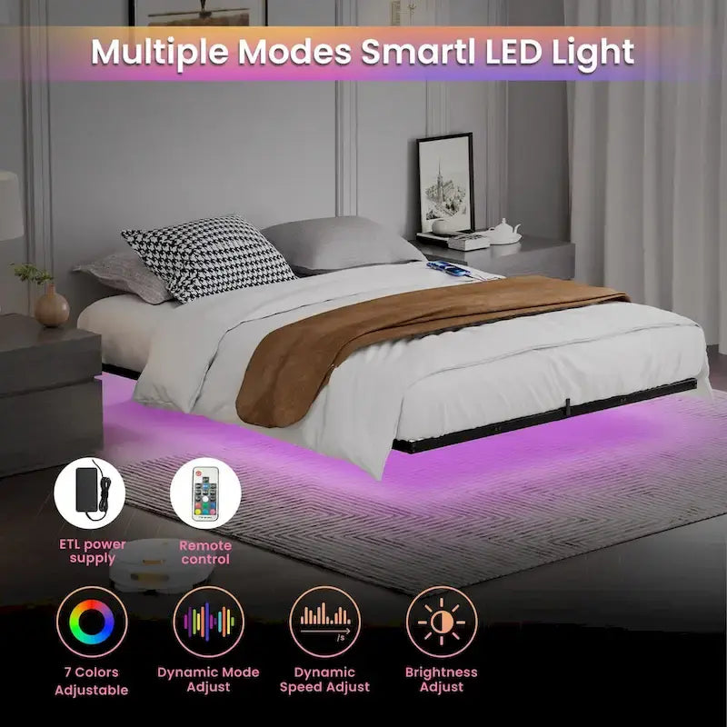 Lit flottant moderne avec éclairage LED, station de recharge et cadre en métal
