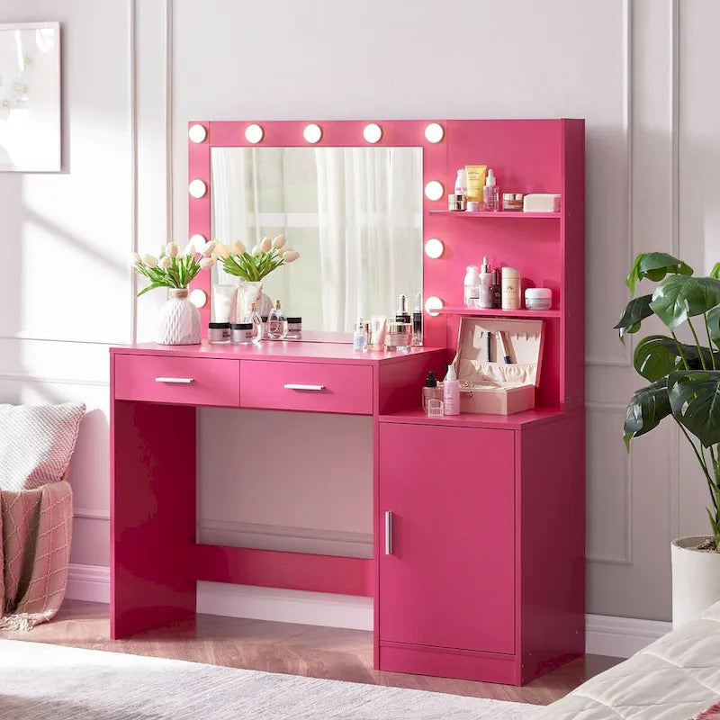 Coiffeuse Roomfitters avec miroir lumineux, table de maquillage avec 2 tiroirs et rangements, table de maquillage avec rangements ouverts