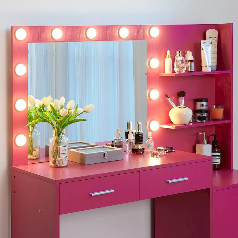 Coiffeuse Roomfitters avec miroir lumineux, table de maquillage avec 2 tiroirs et rangements, table de maquillage avec rangements ouverts