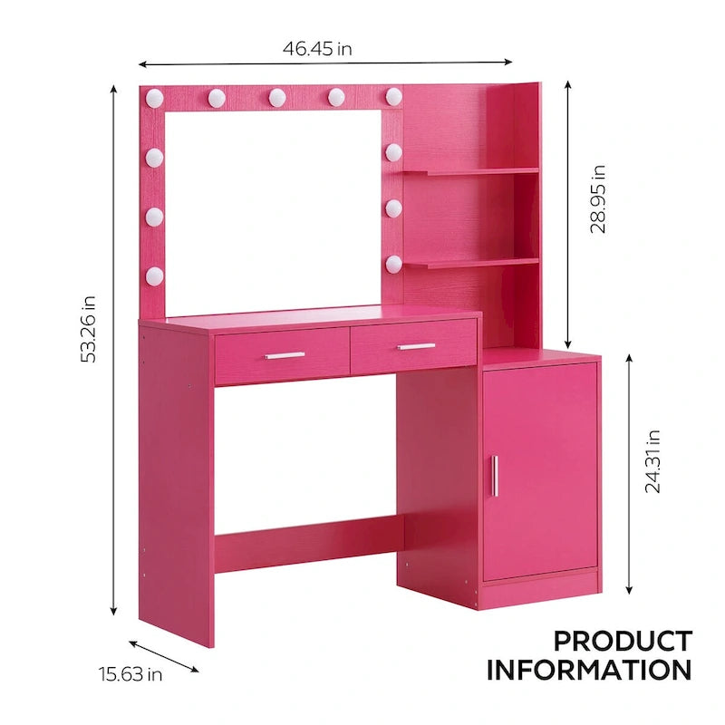 Coiffeuse Roomfitters avec miroir lumineux, table de maquillage avec 2 tiroirs et rangements, table de maquillage avec rangements ouverts