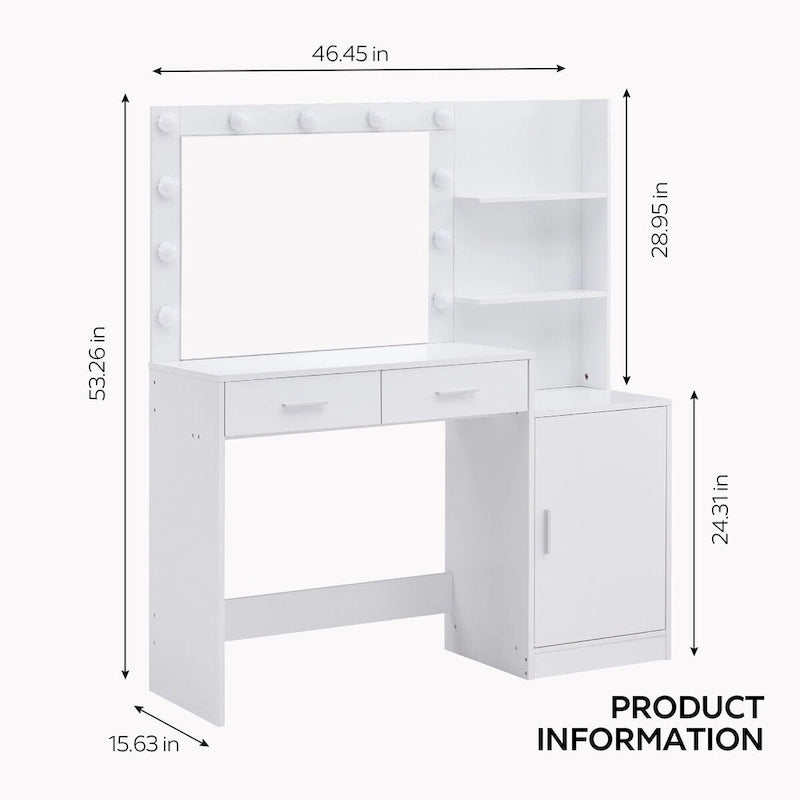 Coiffeuse Roomfitters avec miroir lumineux, table de maquillage avec 2 tiroirs et rangements, table de maquillage avec rangements ouverts