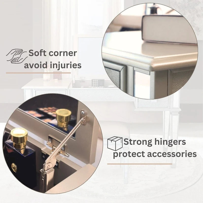 Commode à deux tiroirs avec miroir, coiffeuse, miroir rabattable et tabouret.