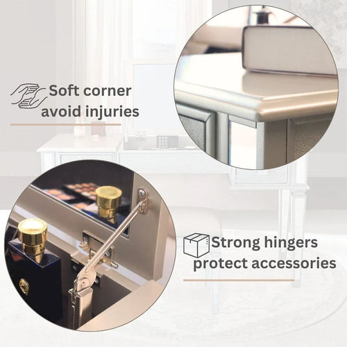 Commode à deux tiroirs avec miroir, coiffeuse, miroir rabattable et tabouret.