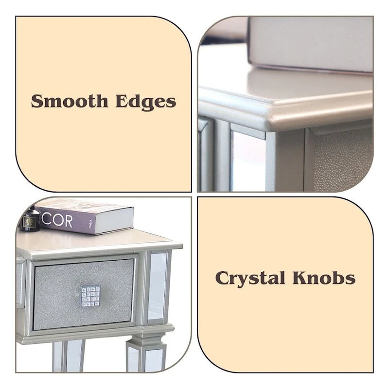 Commode à deux tiroirs avec miroir, coiffeuse, miroir rabattable et tabouret.