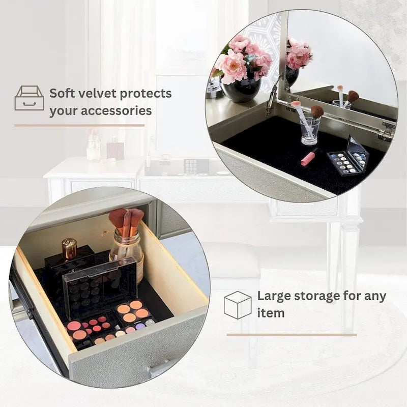 Commode à deux tiroirs avec miroir, coiffeuse, miroir rabattable et tabouret.