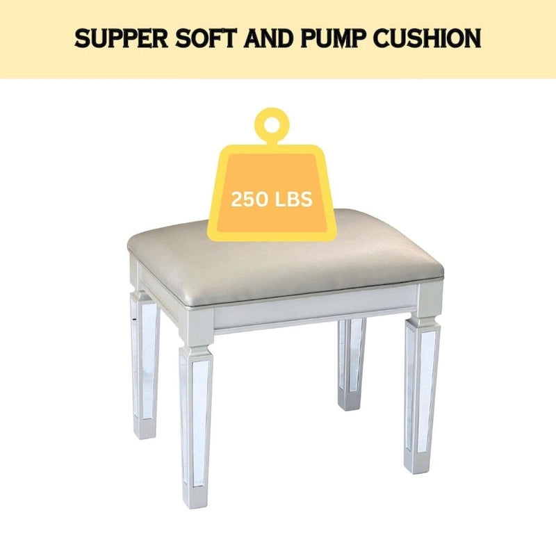 Commode à deux tiroirs avec miroir, coiffeuse, miroir rabattable et tabouret.