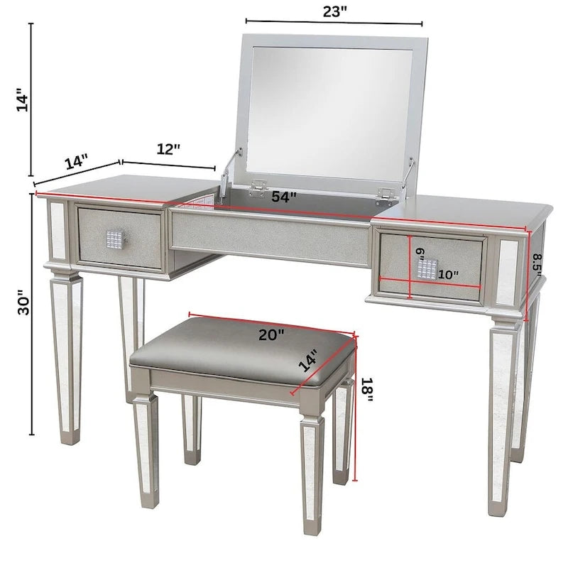 Commode à deux tiroirs avec miroir, coiffeuse, miroir rabattable et tabouret.