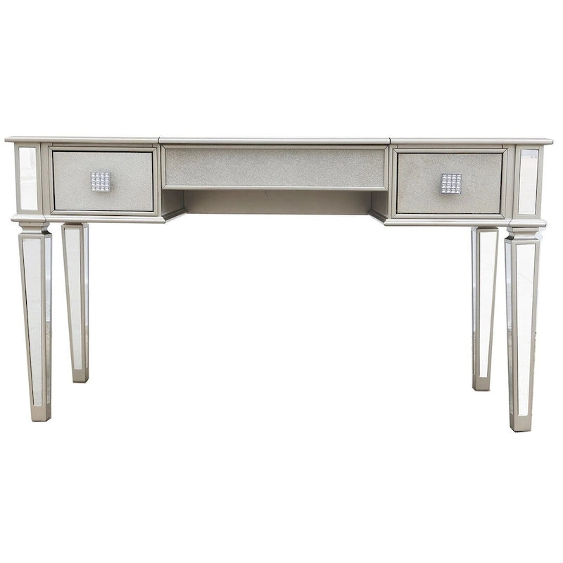 Commode à deux tiroirs avec miroir, coiffeuse, miroir rabattable et tabouret.