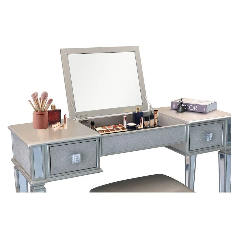 Commode à deux tiroirs avec miroir, coiffeuse, miroir rabattable et tabouret.