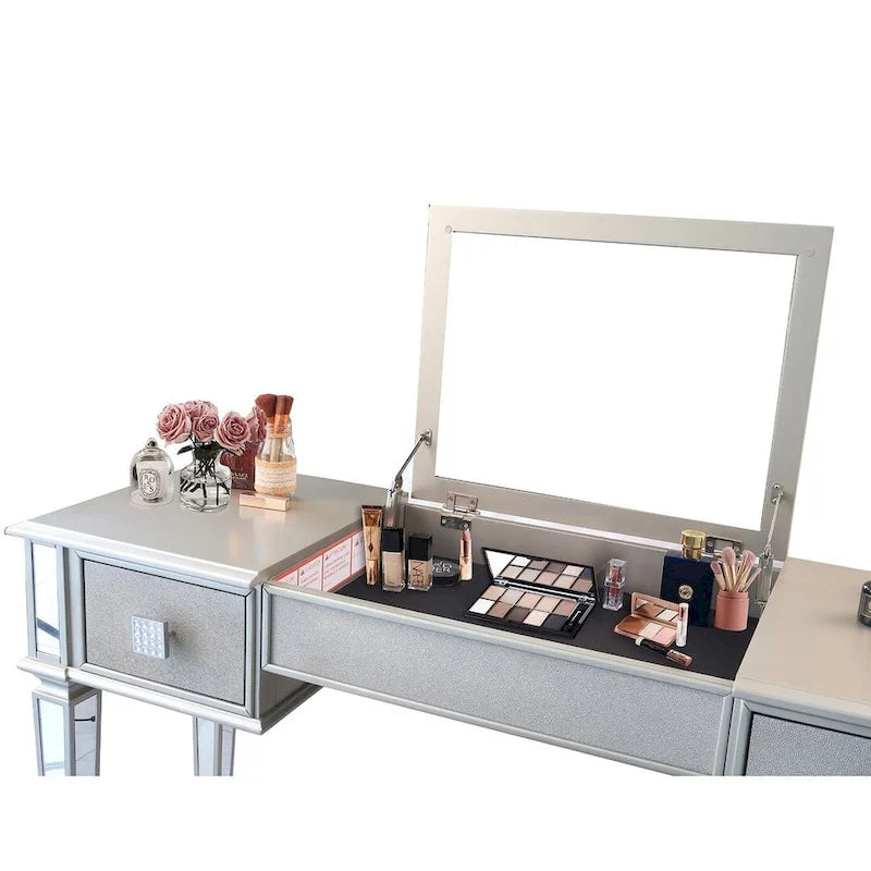Commode à deux tiroirs avec miroir, coiffeuse, miroir rabattable et tabouret.