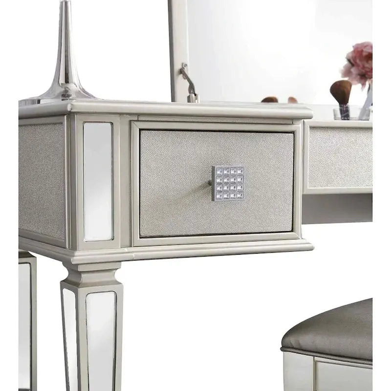Commode à deux tiroirs avec miroir, coiffeuse, miroir rabattable et tabouret.