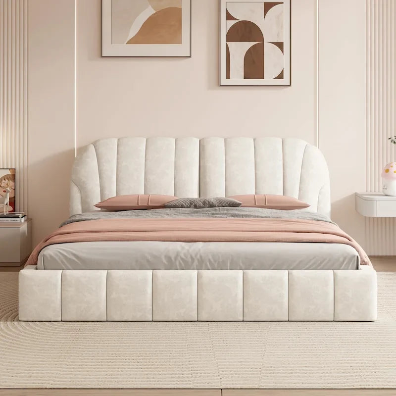 Lit plateforme rembourré Queen Size en tissu épais