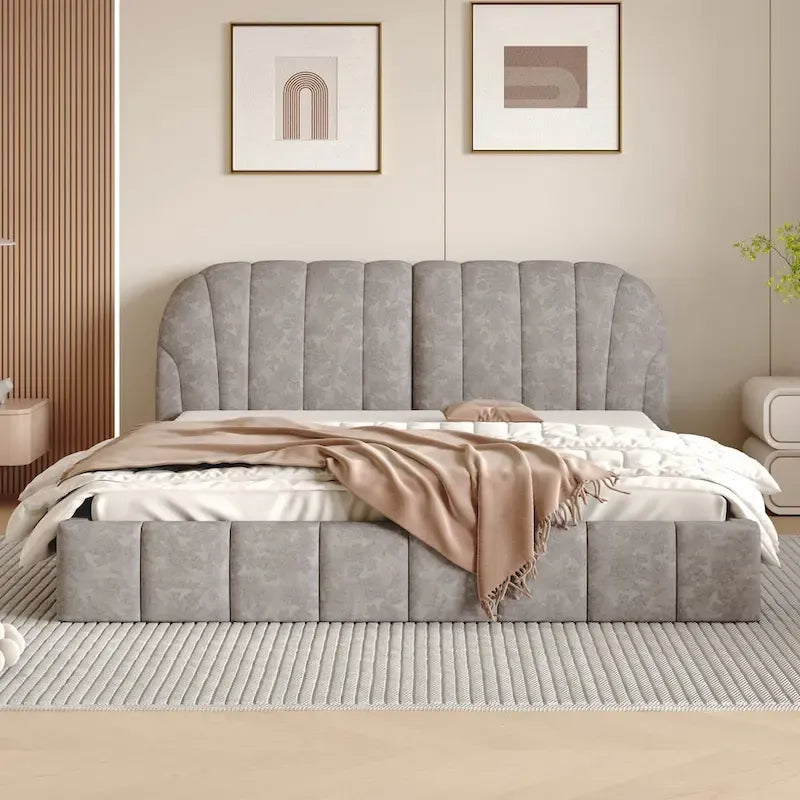 Lit plateforme rembourré Queen Size en tissu épais