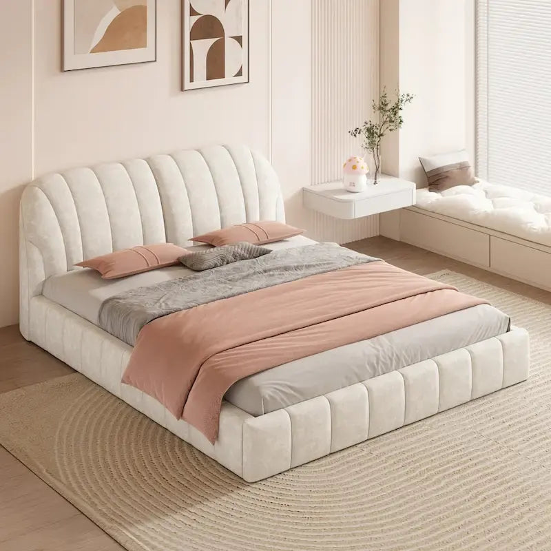 Lit plateforme rembourré Queen Size en tissu épais