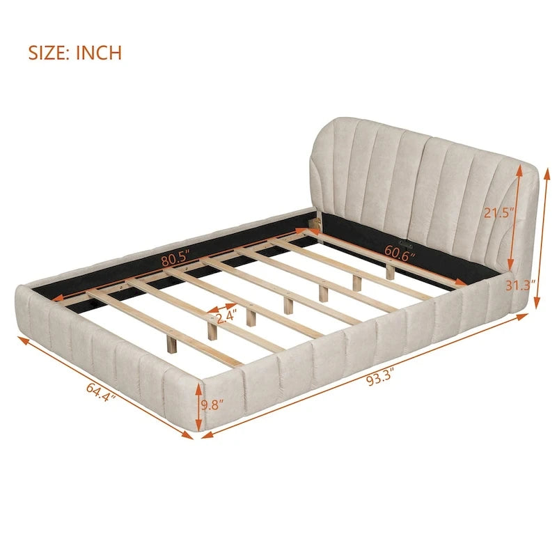 Lit plateforme rembourré Queen Size en tissu épais