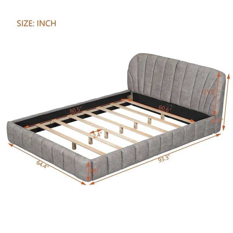 Lit plateforme rembourré Queen Size en tissu épais